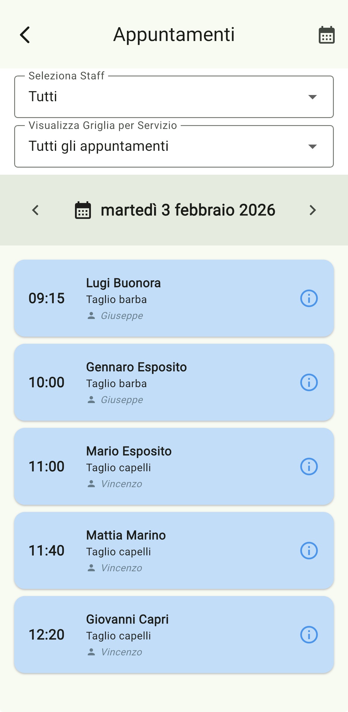 Schermata agenda di ZenBarber Studio